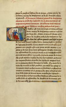 Initial C: Gillion's Sons Taking Leave of Their Mother Marie; Roman de Gillion de Trazegnies, 1464. Creators: Lieven van Lathem, David Aubert