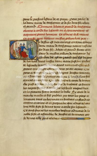 Initial C: Gillion's Sons Taking Leave of Their Mother Marie; Roman de Gillion de Trazegnies, 1464. Creators: Lieven van Lathem, David Aubert.