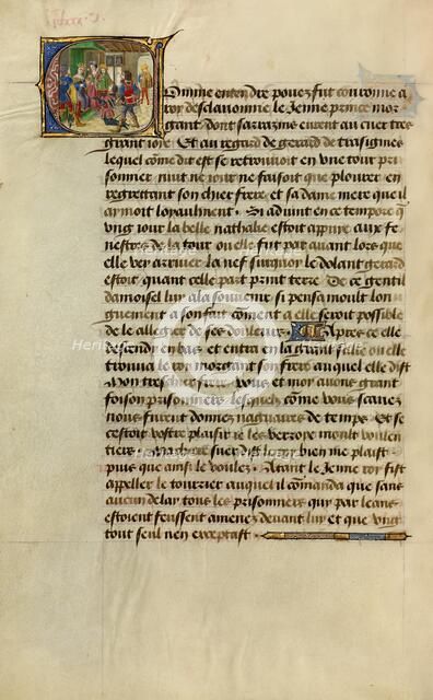 Initial C: Gillion's Son Gerard Kneeling before King Morgan of the Slavs, 1464. Creators: Lieven van Lathem, David Aubert.