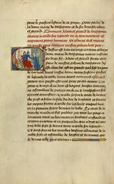 Initial C: Gillion's Sons Taking Leave of Their Mother Marie; Roman de Gillion de Trazegnies, 1464. Creators: Lieven van Lathem, David Aubert