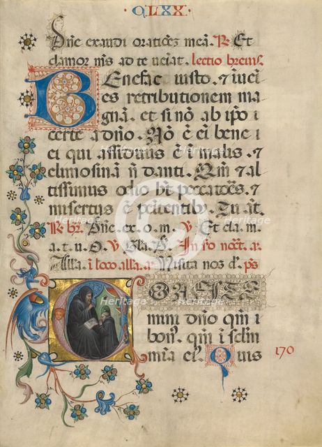 Initial C: Saint Benedict Blessing Maurus; Noted Breviary, about 1420. Creator: Unknown.