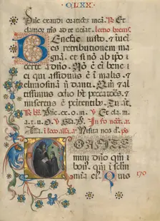 Initial C: Saint Benedict Blessing Maurus; Noted Breviary, about 1420. Creator: Unknown