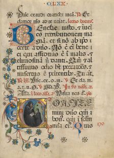 Initial C: Saint Benedict Blessing Maurus; Noted Breviary, about 1420. Creator: Unknown