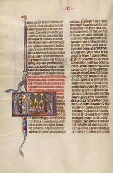 Initial C: Two Men Speaking to Two Youths and A Man Lying on the Ground while..., about 1290-1310. Creator: Unknown