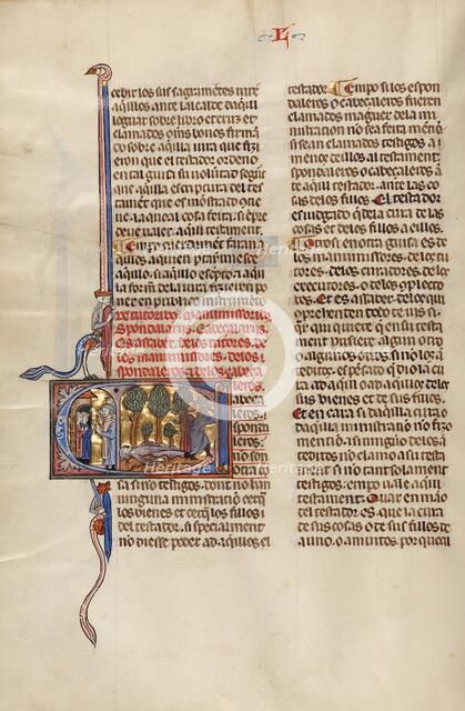 Initial C: Two Men Speaking to Two Youths and A Man Lying on the Ground while..., about 1290-1310. Creator: Unknown.