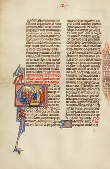 Initial C: Three Men, One Treading Grapes, before a King; Vidal Mayor, about 1290-1310. Creator: Unknown