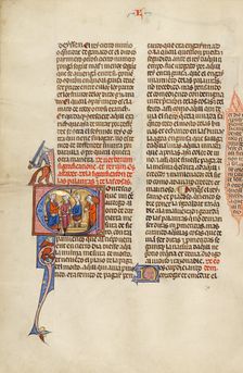 Initial C: Three Men, One Treading Grapes, before a King; Vidal Mayor, about 1290-1310. Creator: Unknown