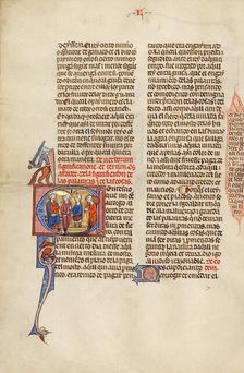 Initial C: Three Men, One Treading Grapes, before a King; Vidal Mayor, about 1290-1310. Creator: Unknown