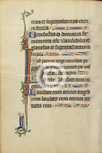 Initial D: Man Working at a Winepress; Bute Psalter, text and illumination about 1285. Creator: Bute Master.