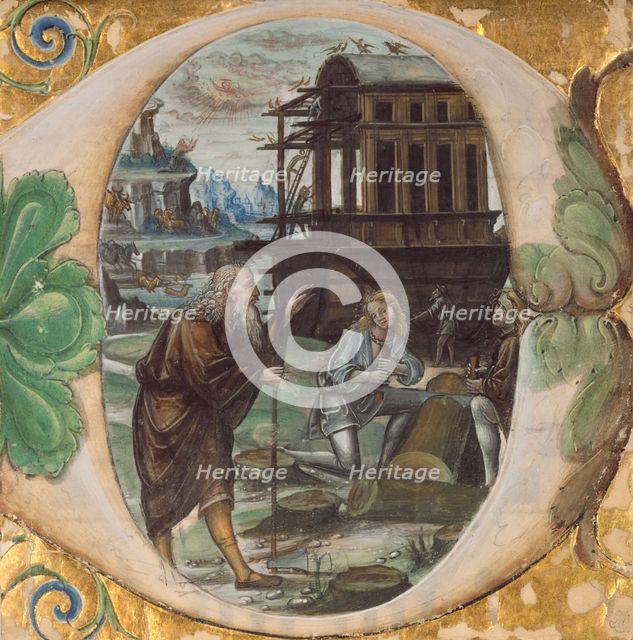 Initial D: Noah Directing the Construction of the Ark; Antiphonal, about 1495-1510. Creator: Master B.F..