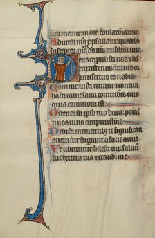 Initial D: A King with Raised Arms; Bute Psalter, text and illumination about 1285. Creator: Bute Master