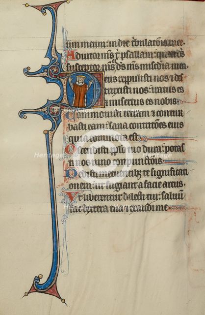 Initial D: A King with Raised Arms; Bute Psalter, text and illumination about 1285. Creator: Bute Master.