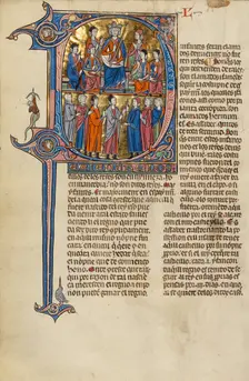 Initial D: A King Enthroned with Nobles and Lay People and Clerics in Conversation, about 1290-1310. Creator: Unknown