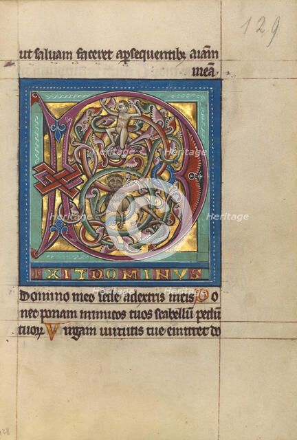 Initial D: A Lion and a Man; Psalter, about 1240-1250. Creator: Unknown.