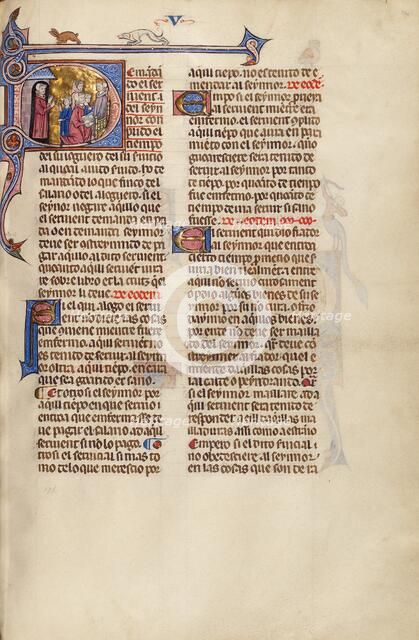 Initial D: A Man Speaking to a Young Man and Three Men before a Judge, about 1290-1310. Creator: Unknown.