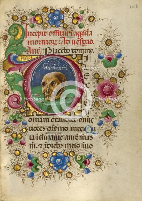 Initial D: A Skull in a Rocky Field; Gualenghi-d'Este Hours, about 1469. Creator: Taddeo Crivelli.