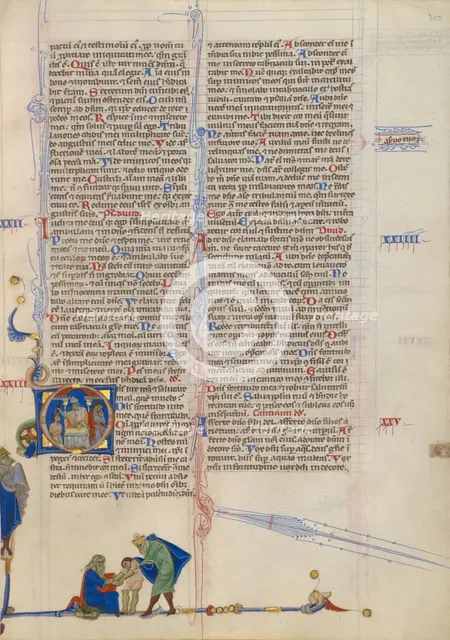 Initial D: A Priest Anointing a Man; Abbey Bible, about 1250-1262. Creator: Unknown.