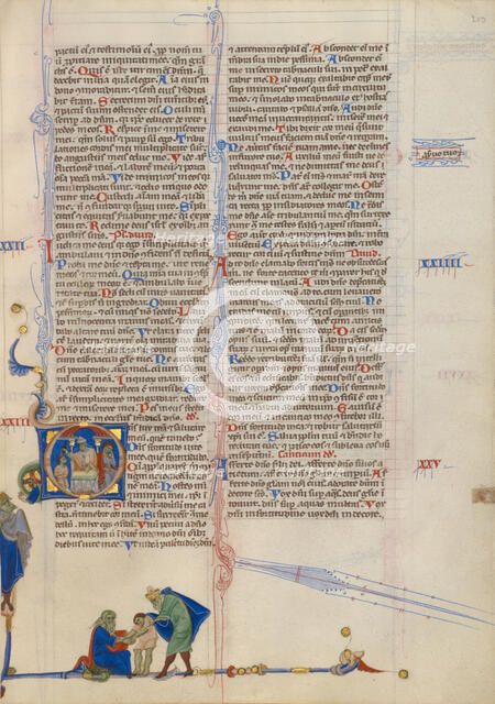 Initial D: A Priest Anointing a Man; Abbey Bible, about 1250-1262. Creator: Unknown.