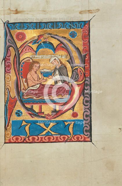 Initial D: A Woman Feeding a Leper in Bed; Psalter, about 1275-1300. Creator: Unknown.