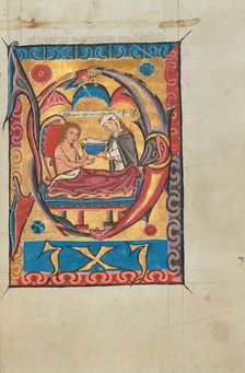 Initial D: A Woman Feeding a Leper in Bed; Psalter, about 1275-1300. Creator: Unknown