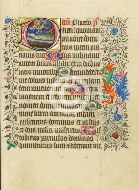 Initial D: An Angel and Devil Disputing the Soul of a Dead Man; Book of Hours, about 1430-1440. Creator: Fastolf Master.