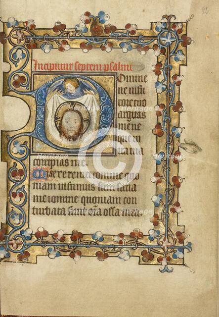 Initial D: An Angel Holding Up the Sudarium; Book of Hours, about 1405-1410. Creator: Masters of Dirc van Delf.