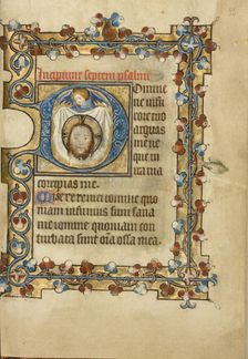 Initial D: An Angel Holding Up the Sudarium; Book of Hours, about 1405-1410. Creator: Masters of Dirc van Delf