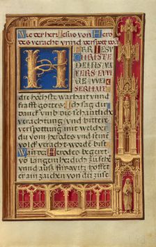 Initial D: David Pointing to God; Bute Psalter, text and illumination about 1285. Creator: Bute Master