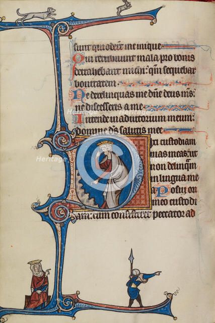 Initial D: David Pointing to His Mouth; Bute Psalter, text and illumination about 1285. Creator: Bute Master.