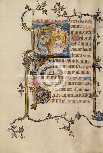 Initial D: Pope John XXII(?) Writing before the Man of Sorrows; Bute Psalter, about 1330. Creator: Atelier of the Passion Master.
