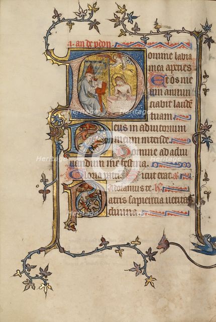 Initial D: Pope John XXII(?) Writing before the Man of Sorrows; Bute Psalter, about 1330. Creator: Atelier of the Passion Master.