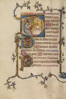 Initial D: Pope John XXII(?) Writing before the Man of Sorrows; Bute Psalter, about 1330. Creator: Atelier of the Passion Master