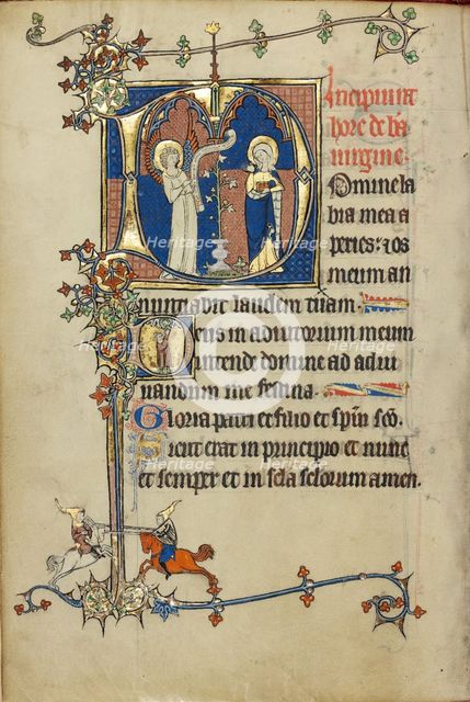 Initial D: The Annunciation; Initial D: A Young Man Praying to Christ in the Clouds, about 1300. Creator: Unknown.