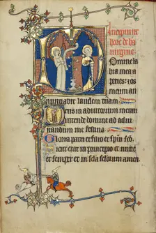 Initial D: The Annunciation; Initial D: A Young Man Praying to Christ in the Clouds, about 1300. Creator: Unknown