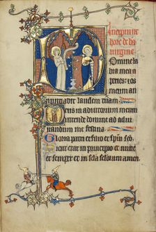Initial D: The Annunciation; Initial D: A Young Man Praying to Christ in the Clouds, about 1300. Creator: Unknown
