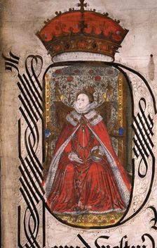 Initial detail and portrait of Queen Elizabeth I of England, Coram Rege Rolls, 1572. Creator: Unknown