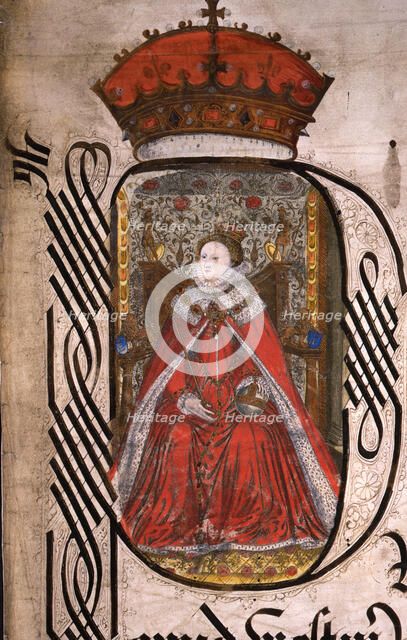 Initial detail and portrait of Queen Elizabeth I of England, Coram Rege Rolls, 1572.  Creator: Unknown.