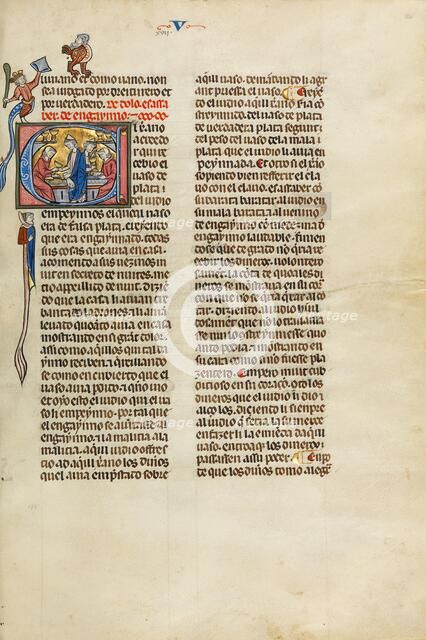 Initial E: A Christian and a Jew Transacting the Sale of a Golden Goblet, about 1290-1310. Creator: Unknown.