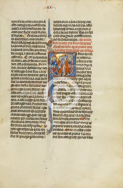 Initial E: A Family's Son Led by Soldiers before a King; Vidal Mayor, about 1290-1310. Creator: Unknown.