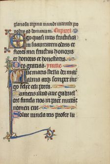 Initial E: A Female Saint (Mary?) with a Book and Flowers: Initial A: The Annunciation, about 1300. Creator: Unknown