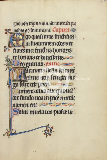 Initial E: A Female Saint (Mary?) with a Book and Flowers: Initial A: The Annunciation, about 1300. Creator: Unknown.