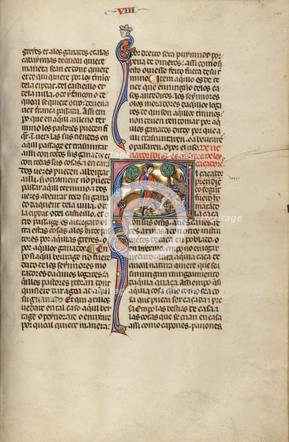 Initial E: A Hunter Killing a Boar; Vidal Mayor, about 1290-1310. Creator: Unknown.