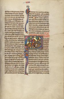 Initial E: A Hunter Killing a Boar; Vidal Mayor, about 1290-1310. Creator: Unknown