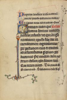 Initial E: A Monk Crushed by a Fallen Tower; Bute Psalter, text and illumination about 1285. Creator: Bute Master