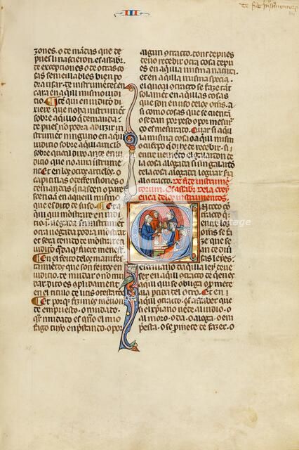 Initial E: A Man Receiving a Purse from a Jew in Exchange for a Goblet; Vidal Mayor, about 1290-1310 Creator: Unknown.