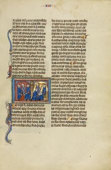 Initial E: A Man Standing before a Judge Pointing to a Fire and Two Men before..., about 1290-1310. Creator: Unknown