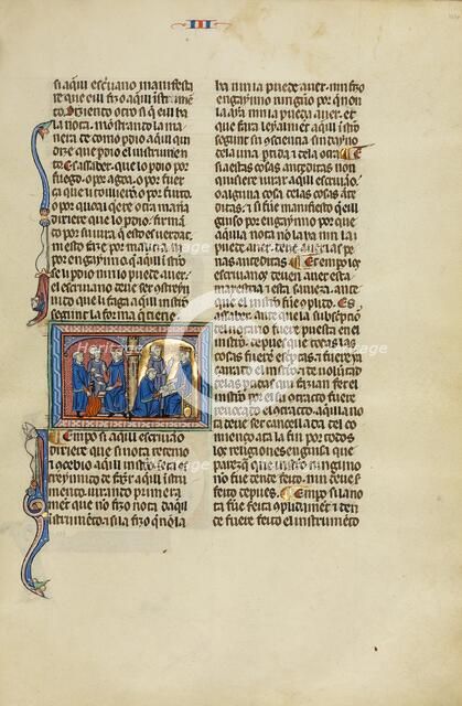Initial E: A Man Standing before a Judge Pointing to a Fire and Two Men before..., about 1290-1310. Creator: Unknown.