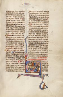 Initial E: A Man with Children before a Judge and An Old Man in his Sickbed..., about 1290-1310. Creator: Unknown