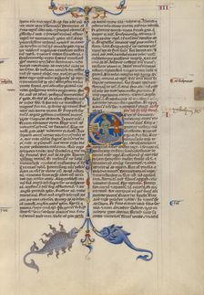 Initial E: Abishag before David on His Deathbed; Abbey Bible, about 1250-1262. Creator: Unknown