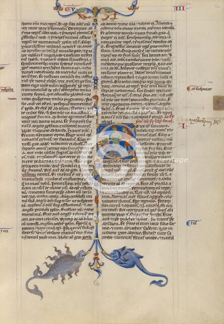 Initial E: Abishag before David on His Deathbed; Abbey Bible, about 1250-1262. Creator: Unknown.